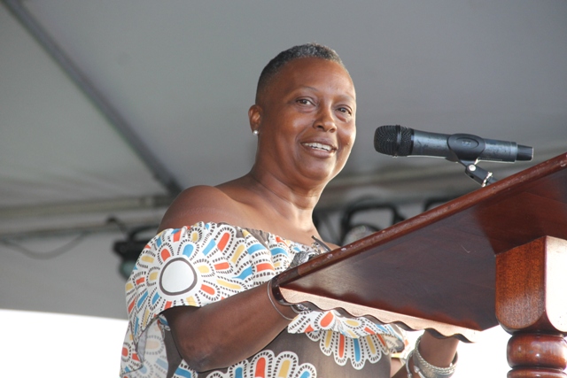 Chairperson of the Nevis Culturama Committee Deborah Tyrell delivering remarks at the launch of Culturama 42 at the Charlestown Waterfront on June 17, 2016